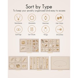 Vlando Jewelry Box for Women Girls,Jewelry Organzier,5 Drawers,Glass Lid Jewelry Organizer Storage for Gem Diamond Necklaces Rings Earrings Bracelets Apricot White