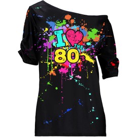Coume 80s Costume Outfit for Woman Love Off The Shoulder T Shirts Novelty Neon Top Clothes for Costume Mid Sleeve Length(5XL)