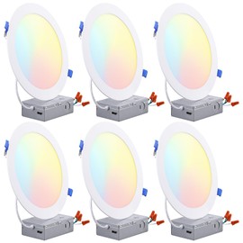 TORCHSTAR 8 Inch 5CCT Ultra-Thin LED Recessed Ceiling Light with Junction Box, CRI90, 27003000350040005000K Selectable, 18W Dimmable Slim Canless Wafer Downlight, ETL & ES & FCC, Pack of 6
