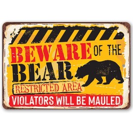 Metal Sign - Beware of the Bear - Durable Metal Tin Sign Home Parlor Bar Cafe Wall Decor Iron Painting 8x12 Inches