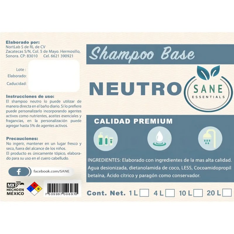 Shampoo Neutro Base Transparente 5 Lt Sin Esencia Sin Aroma