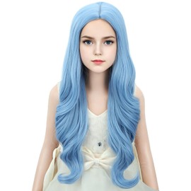 Child Lake Blue Wig Kids Long Middle Part Wig Girls Blue Wavy Curly Wigs Heat Resistant Synthetic Wigs with Wig Cap
