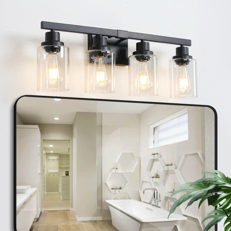 24" Modern Black 4-Light Bathroom Vanity Light Fixture, Industrial Wall