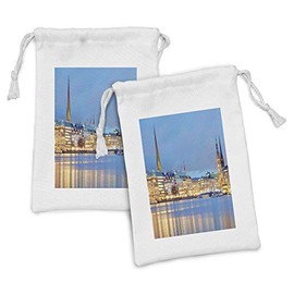 Lunarable European Fabric Pouch Set of 2, Old Town by the River in Germany Nostalgic Tower Culture Baroque Heritage Print, Small Drawstring Bag for Toiletries Masks and Favors, 9" x 6", Multicolor