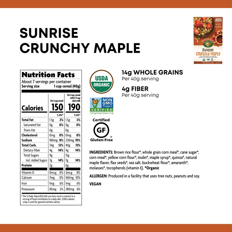 Nature’s Path Sunrise Crunchy Maple Cereal, Healthy, Organic, Gluten-Free, 10.6