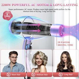 WADODO Ionic Hair Dryer, 2200W Professional Blow Dryer Fast Drying Travel Hair Dryer, AC Motor Constant Temperature Low Noise Hair Dryers Curly Hair Hairdryer Blowdryer for Women Men(Mermaid Color)