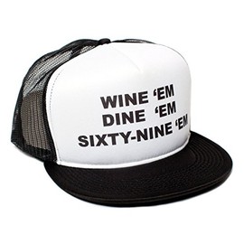 Wine Em Dine Sixty Nine Em 69 Flat Bill Unisex-Adult One-Size Trucker Hat (Black/White)
