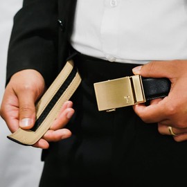 Tonywell Black Belt Men, Ratchet Dress Belt Gold Buckle, Adjustable Comfort Click Slide Buckle, Cut to Fit Size 34 36 38 40 42 44