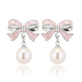 coadipress Pearl Bow Earrings for Women Trendy Stuff Cute Bow Pearl Drop Dangle Earrings Pink Coquette Drop Stud Ribbon Earrings Bowknot Stud Wedding Party Christmas Jewelry Valentines Day Gifts (Silver Pink)
