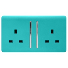 Trendi 2 Gang Raised Artistic Modern Glossy Screwless 13 Amp Single Pole with Chrome Switched UK Standard Electrical Double Wall Plug Socket in Bright Teal - ART-SKT213LBT