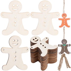 SUNNYCLUE 30Pcs 3 Sets Wooden Gingerbread Man Ornaments Christmas Wood Ornament Kits Natural Unfinished Winter Holiday Blank Hanging Decor with Cords for DIY Crafts Xmas Party Decorations Supplies