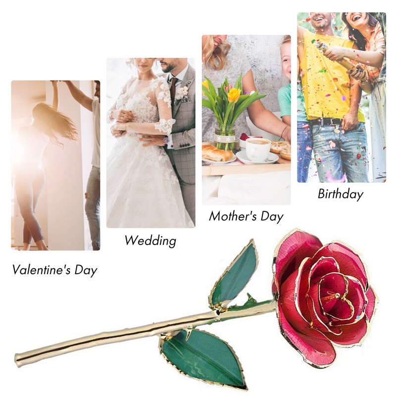 24K GoldPlated Rose Flower Pink Green Leaf for Valentine's Day