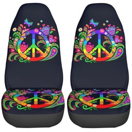 FeHuew Floral Colorful Hippie Peace Symbol 2 Pcs Car Seat Covers Set Vehicle Front Seat Protector Auto Interior Accessories Protetors Car Mat Covers Universal fit Most Car SUV Van Truck
