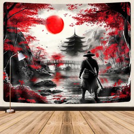 Japanese Anime Tapestry Cool Samurai Art, Red and Black Japan Tapestry Wall Hanging for Men, Mountain Forest Nature Cherry Blossom Sunset Dark Asia Japanese Tapestries Aesthetic for Living, 80x60