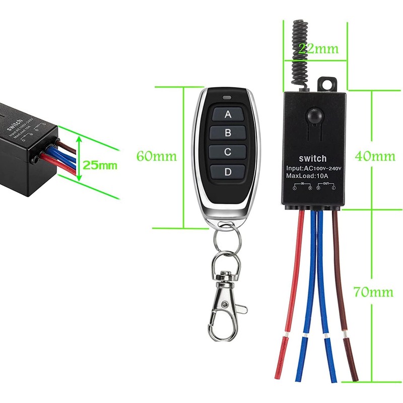 4 Way Mini Remote Control Switch,AC 110V/120V/220V/240V/10A Relay ON/Off Switch
