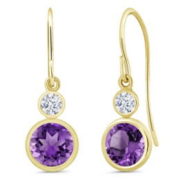 Gem Stone King 14K Yellow Gold Purple Amethyst Drop Dangle Earrings For Women (1.72 Cttw, Gemstone February Birthstone, Round 6MM and 3MM)