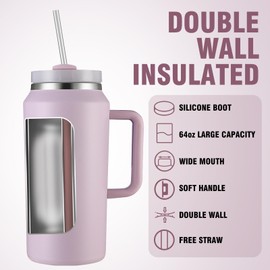 PlanetFlame 64oz Insulated Tumbler with Handle, Stainless Steel Double Wall Vacuumn Water Bottle, Lid and Straw for School, Gym, Hiking & Camping, Purple