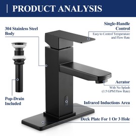 Herogo Touchless Bathroom Faucets Matte Black Stainless Steel Automatic Motion Sensor Bathroom Faucet RV Bar Sink Faucet for 1-3 Hole Single-Handle with Pop Up Drain Stopper Water Supply Hoses