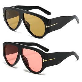 QYVEWY Trendy Oversized Aviator Sunglasses for Women Men Square Thick Frame Lagre Sun Glasses UV400 Protection (Black Tea/Black Red)