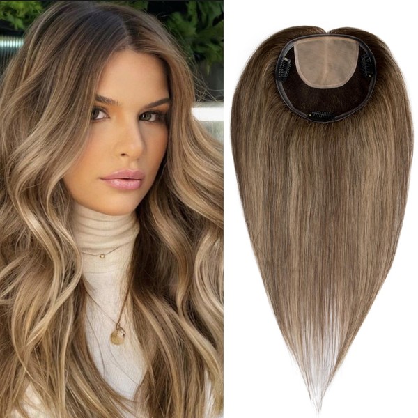 Lovenea 13x13 cm Human Hair Topper Full Hand Tied Swiss Base with Mono Base Toppers for Women 8 Inch Real Human Hair Straight Clip in Human Hair Toppers for Hair Loss Thining Hair (8 Inch, 4/27/4#)