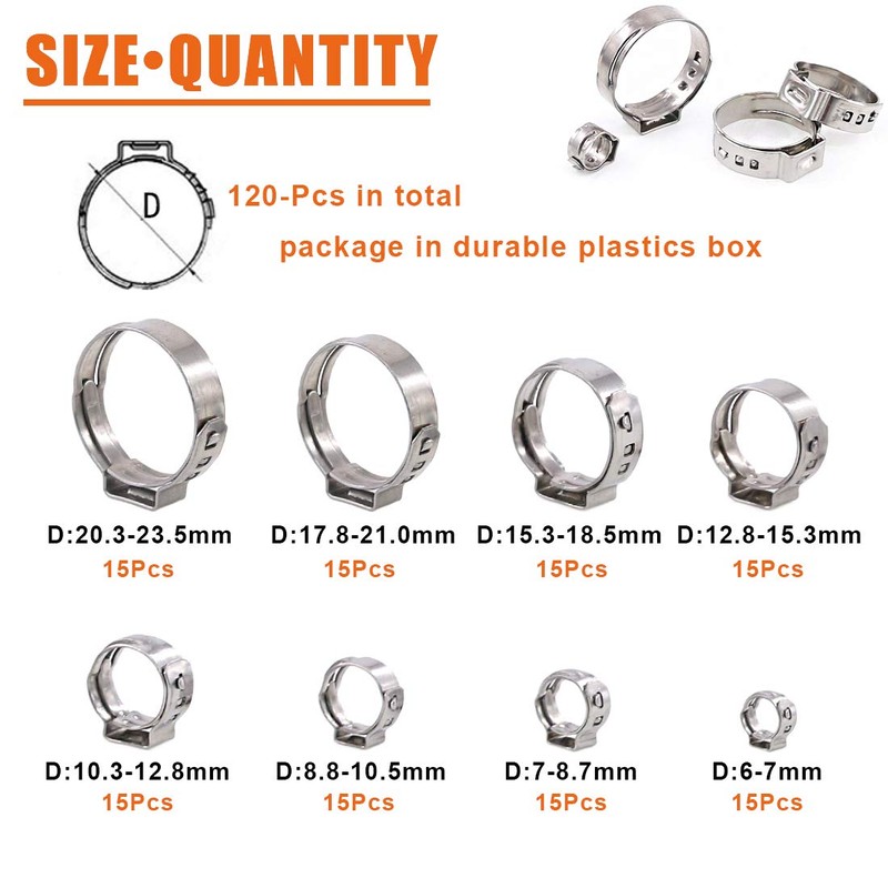Rustark 120Pcs 6-23.5mm 304 Stainless Steel Single Ear Stepless Hose