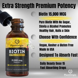 PLANTORIGIN Extra-Strength 15000mcg Biotin Liquid Vitamin Drops - Supports Hair Growth, Glowing Skin & Strong Nails, Alcohol-Free & Kosher, Berry Flavor - 5X Better Absorption, 60 Servings