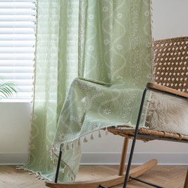 Sagnoly Sage Green Boho Curtains for Living Room 84 Inches Length Sheer Floral Vintage Farmhouse Printed Patterned Curtains Rustic Western Tassels Country Curtain Drapes