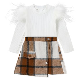 Lufebut Dresses for Girls Clothing Set 1-6 Years Long Sleeve Top + Plaid Skirt Toddler Baby Clothing Baby Girl Spring Autumn Clothing Sets, White