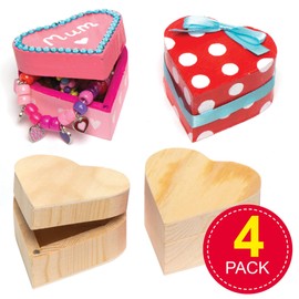 Baker Ross EK2436 Wooden Heart Boxes (Pack of 4) For Kids to Paint and Decorate and Gift,25 x 13 inch