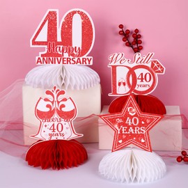 Fangleland 8Pcs Ruby Wedding Anniversary Table Decorations, Honeycomb Centerpieces Table Toppers Cheers to 40th Wedding Anniversary Honeycomb Table Topper for Happy Anniversary Decorations Romantic