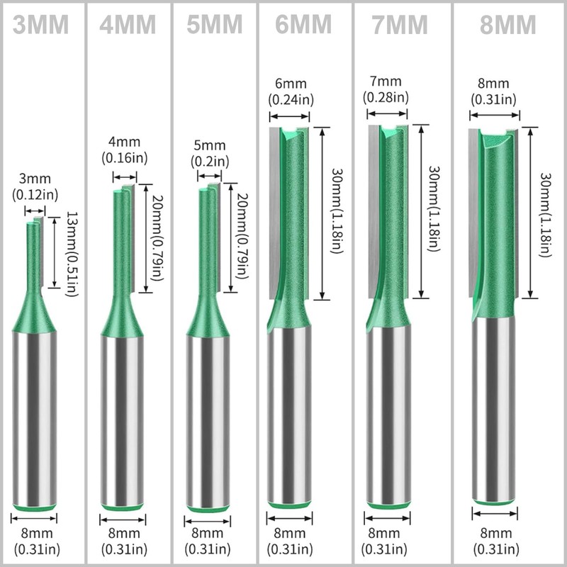LEPEVNEY 6-teiliges gerades Fräser-Bit-Set, 8 mm Schaft, Doppelrillen, Holzbearbeitung, Fräser-Bits,