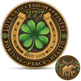 Lucky Four Leaf Clover Challenge Coin, 777 Good Luck Coin with Elephant & Horseshoe Design, Colorful UV Finish Lucky Charm Coin, Heavyweight Zinc Alloy Collectible Coin with Clear Acrylic Case