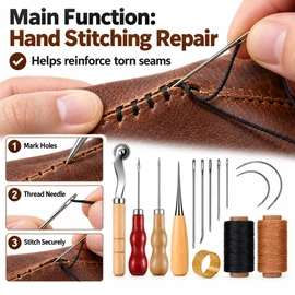 Leather Sewing Kit for Upholstery Repair – Waxed Thread & Large-Eye Needles for DIY Leather Crafts
