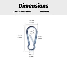 Kivomot Spring Snap Hook, 10 Pack – 304 Stainless Steel, Silver | 1.28″ L × 0.61″ W, Wire Ø 0.11″, Max Opening 0.19″ (M3) – Rigging Hardware for Ropes, Hammock, DIY