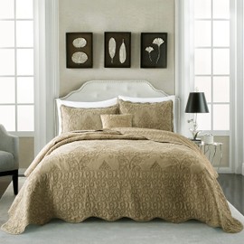BYTIDE Quilt Bedspread Oversized King 4 Piece Bedding Set 120" x 120" Elegant Antique Classy Damask Embroidery with Scallop Edges, Ultra Soft Lightweight Coverlet, Brown