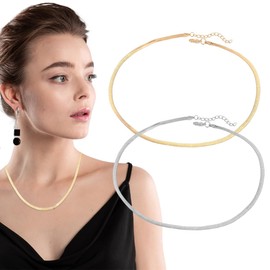 2 Pieces Gold Chain for Women 14K Gold-Plated Snake Chain Choker Stainless Steel Necklace Herringbone Chain for Women Layered Adjustable Necklace Jewellery Birthday Gift (Gold/Silver)