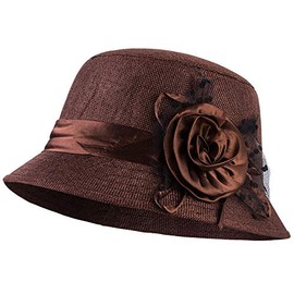 Vijiv Women's Vintage 1920s Gatsby Hat Linen Bucket Cloche Derby Church Hat for Cocktail Party with Floral 56-58cm Brown