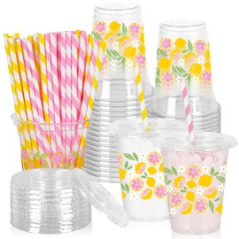 JarThenaAMCS 50 Pcs Summer Lemon Plastic Cups Disposable Cups with Lids Straws 12 Oz Pink Yellow Lemon Flower Clear Plastic Cup for Summer Party Supplies