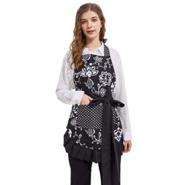 Surblue Women's Vintage Ruffle Floral Apron with 2 Pocket, Extra-Long Adjustable Tie Retro Plus Size Apron for Cooking Home Baking Garden Kitchen, Graceful and Flirty, Black (2 PC)