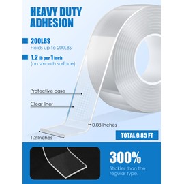 gliship 9.85FT Double Sided Tape Heavy Duty, Transparent Magic Nano Tape, Multipurpose Removable Adhesive Grip Mounting Tape Washable for Carpet, Wall Decor, Hanging Picture, DIY Projects