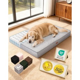 OhGeni Orthopedic Waterproof Dog Bed for Large Dogs, Machine-Washable Removable Cover in Easy-Clean Fabric, High Density Foam & Easy-Carry Handle, Suitable for Crate, 41 inch (Gray)