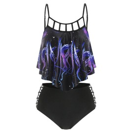 DRESSFO Retro Bikini Sets for Women Two Piece Vintage Bikini Gothic Octopus Print High Waisted Women's Tankini Swimsuits Bathing Suit