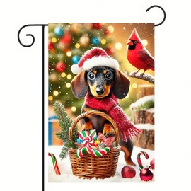 Hello Winter Garden Flag Cute Dachshund Dog Garden Flag 12x18 Double Sided Christmas Tree Yard Flags for Winter Christmas Seasonal Outside Outdoor
