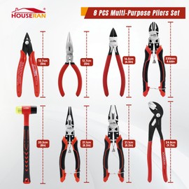 HOUSERAN 8-Piece Tool Set with Case Including 10” Groove Joint Pliers, 8.3” Long Nose, 8.3” Linesman, 7.5” Diagonal, 6” Flush Cutter, 5” Long Nose, 5” 170 Cutter, 25mm Rubber Mallet for DIY & Home Use