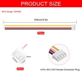 Lyeteung 25 Sets 2.54mm JST-XH Connector, Mini Micro JST XH 4 Pin Connector Plug Male with 150mm 22AWG Cable & Female Connector