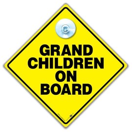 iwantthatsign.com Grand Children On Board Sign, Baby On Board Sign Style, Yellow and Black Grandchildren On Board Sign With Suction Cup Attachment