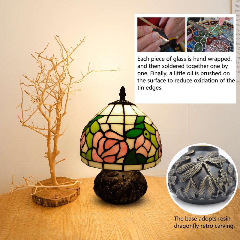 Ppbmocw Pink Rose Tiffany Lamp, 8 Inch Small Stained Glass