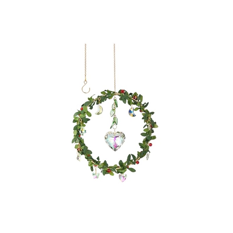 Decorative Floral Crystal Suncatcher, Green Leaf Garland with Red Flowers