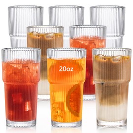 INSETLAN 20oz Ribbed Glass Tumbler Set of 8 – Large Capacity Drinking Glasses for Iced Coffee, Water, Juice, and Cocktails – Elegant Modern Glassware for Everyday Use and Special Occasions