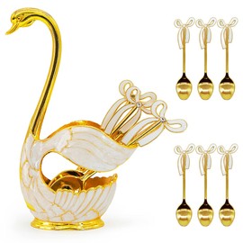 Flylin Juego de cucharas para café y postres, soporte con base de cisne con 6 cucharas para helado, cucharaditas para café, postres, azúcar, vajilla (dorado), (20210101-01)